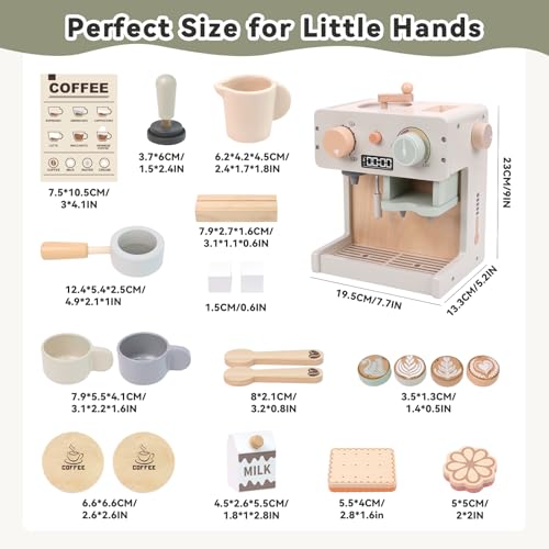 Masonbaby Toy Coffee Maker for Kids Wooden Coffee Playset with Grinder, Realistic Pretend Play Kitchen Accessories Montessori Learning Toys Birthday Gifts for Girls Boys Ages 3 4 5 Years - Image 7