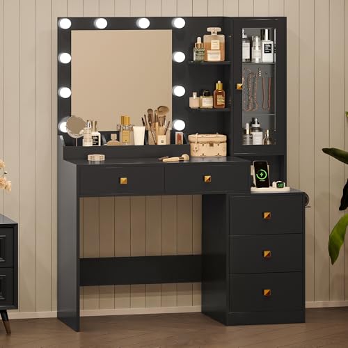 Image of HUANLEGO Vanity Desk with Mirror and Lights, Black Makeup Vanity Set with 5 Drawers, Jewelry Organizer& LED Glass Cabinet, 3 Light Mode Dressing Table for Girls, Vanities Mirror with Lights Desk