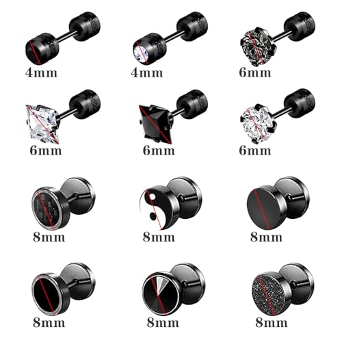 NEWITIN 12 Pairs Stainless Steel Stud Earrings for Men Hypoallergenic Earring Flatback Black Earring Set Screw Back Studs Inlaid Cubic Zirconia Stud Earrings for Women Men2