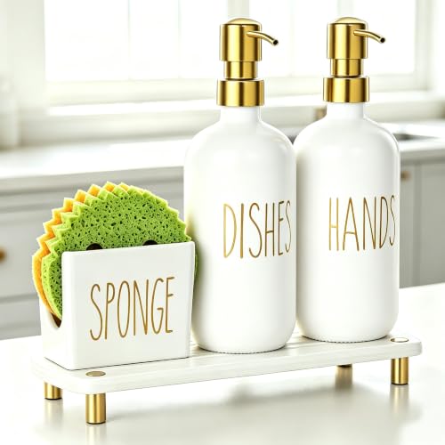 Image of Cisily Kitchen Soap Dispenser Set Comes with Ceramics Sponge Holder, Gold Pumps, and Instant Dry Tray, Hand and Dish Soap Dispenser Set, Kitchen Decor and Accessories for Countertop Organizer