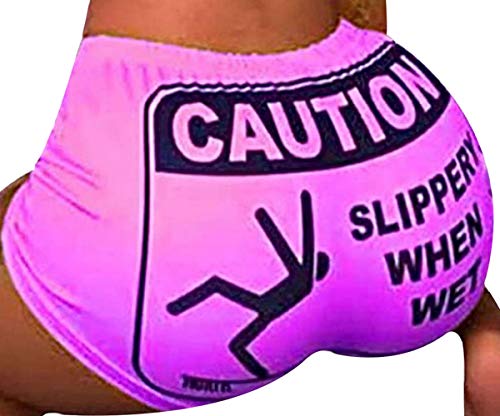 Women Sexy Active Shorts Funny Bike Yoga Sport Stylish Boxer Brief Panties Fit Bottoms Boyshort (Caution/Purple, 2X-Large)