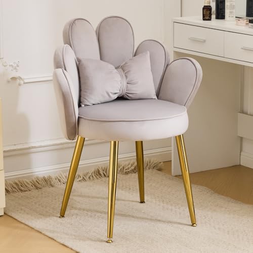Bonnlo Armchair Accent Chair, Velvet Chair with Golden Legs for Vanity, Modern Petal Side Chair for Bedroom/Living room, Grey