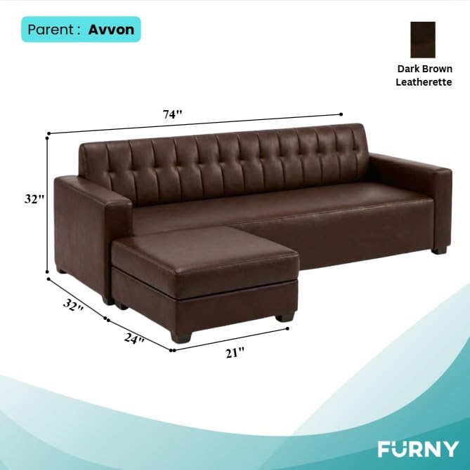 Image of FURNY Luxe 4 Seater L Shape Sofa Set with Movable Ottoman | Flexible Left or Right Layout | Premium Leatherette Upholstery (Dark Brown) | Perfect for Living Room, Guest Room & Office