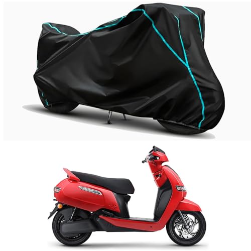 Image of Waterproof Bike Body Cover Compatible for | TVS iQube Electric S | Taffeta Fabric, Sky Piping Design, Bottom Elastic Fit | Dustproof, Sun UV & Rain Protection for All Weather.