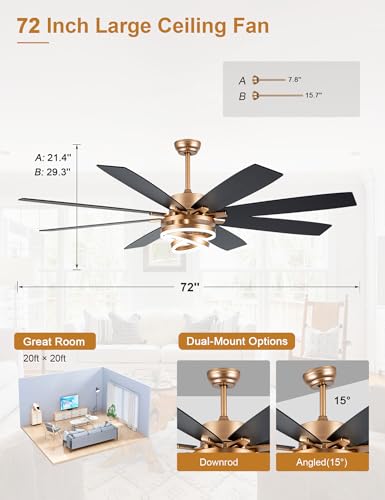 Image of 72 Inch Large Gold Modern Ceiling Fans with Lights