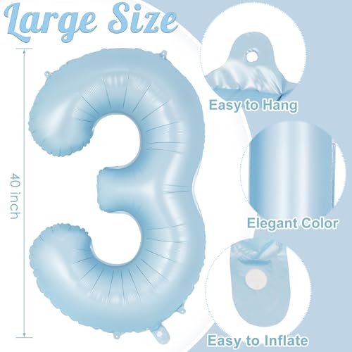 Image of Light Blue Number 3 Balloon, 40 Inch Big Large Foil Number Balloons, Giant Mylar Number 3 Balloons for 3 Year Old Birthday Baby Party Decorations Supplies Anniversary