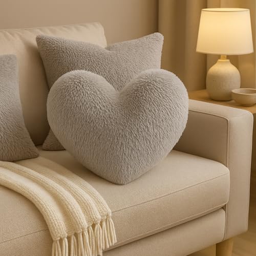 Image of Bella Nights Teddy Cuddles 3D Heart Shaped Fleece Cushion – Soft Warm & Cozy Filled Pillow – 100% Polyester Teddy Bear Fleece – Comfortable Home Decor Cushion – 38 x 38cm (Silver)