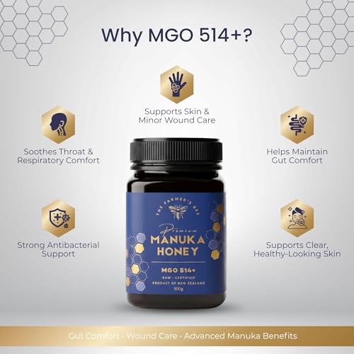 Image of THE FARMER'S BEE New Zealand Manuka Honey MGO 514+ (15+) | Monofloral Raw Honey | MGO Tested | Premium Imported Honey | Natural Face Mask, Skin Care & Minor Cuts | Throat & Respiratory Wellness | 500g