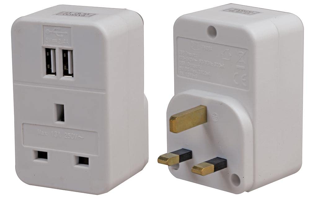 Pro Elec Uk Pass-Through Mains Adaptor With 2X Usb, 12W, 250V, 13A