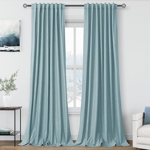 Image of Light Blue 100% Blackout Linen Curtains 108 Inches Long for Bedroom Back Tab Thermal Insulated Coastal Boho Decor Black Out Curtain for Living Room Floor to Ceiling High Window 52x108, 2 Panels