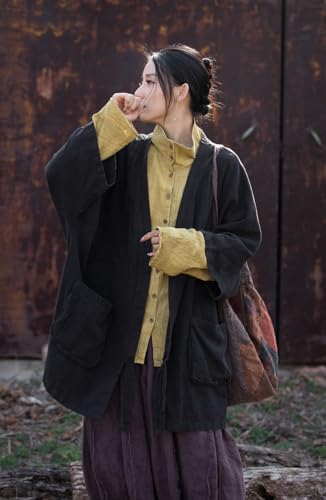 Women's Ramie Loose Fit Windbreaker Jacket Kimono Sleeve with Pockets Coat Casual Oversized Outerwear2