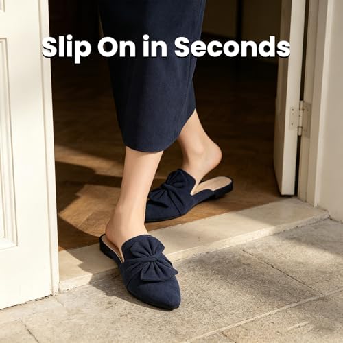 Image of MUSSHOE Pointed Toe Women's Bow Mules: Slip On Backless Loafers - Dressy Casual Flat Shoes for Office Work & Everyday Wear