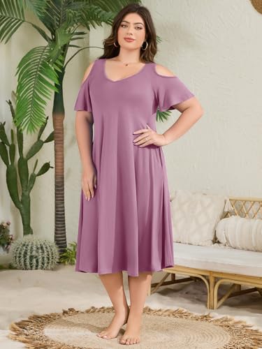 Image of LARACE Plus Size Women Dress for Summer, Midi Women's Sundress, Casual V-Neck Short Sleeve Flowy T-Shirt Dresses with Pockets