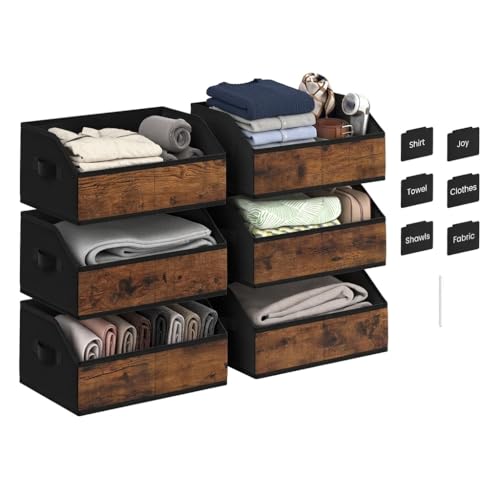 Closet Storage Bins 6 Pack, Trapezoid Fabric Bins with Handles for Shelves, Foldable Storage Boxes for Clothes Toys Hats, With Labels& Chalk Marker for Home Organization Rustic Brown and Black