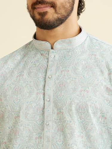 Image of Manyavar Men's Cotton Blend Floral Print & Chikankari Kurta Set (2pcs)