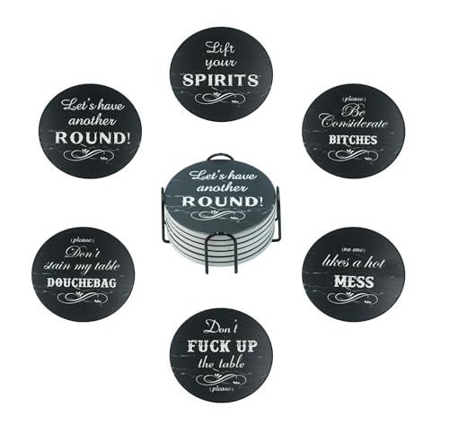 Coasters for Drinks Set of 6,Cute Funny Words Style Ceramic Absorbent Drink Coasters with Holder for Tabletop Protection,Coffee Table Decoration,4 Inch