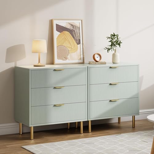 GarveeHome Green 3 Drawer Dresser for Bedroom, Large Nightstand Chest of Drawers, Modern Wood Storage Dresser Organizer with Gold Metal Handles & Anti-Tipping Device for Hallway, Entryway