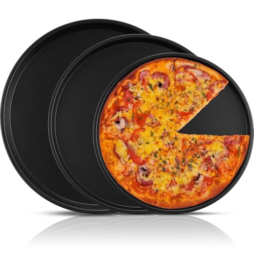 Teenyyou Pizza Pans 10.23/11.4/12.1 Inches Set of 3 Black Stainless Steel Non Stick Pizza Baking Pans Tray Round Serving Plate for Pie Cookie Cake Baking Grilling