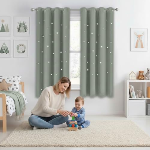 NICETOWN Sage Green Nursery Blackout Curtains with Star...