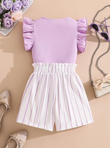 Image of Girls 2 Piece Outfits Summer Ruffle Sleeve Top and High Waisted Striped Shorts Set for Girls 7-14