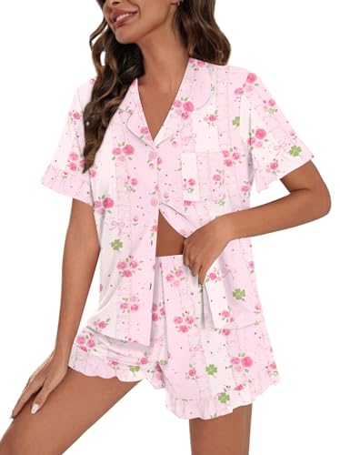 Image of SWOMOG Woman Pajama Set Short Sleeve Pjs Set 2Pcs Short Pajamas Button Down Ruffle Hem Sleepwear Soft Modal Loungewear
