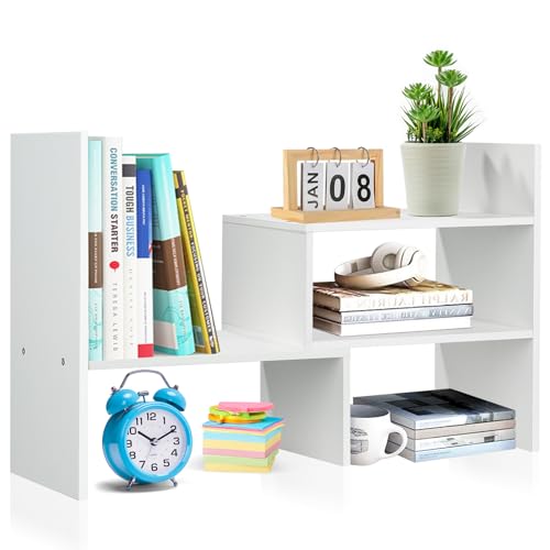 Esilihom Schreibtisch Regalaufsatz aus Holz verstellbares Bücherregal klein platzsparender Organizer für Schreibtisch Buchstütze & Ablage für Zuhause Büro Schule 29x17x35 cm weiß