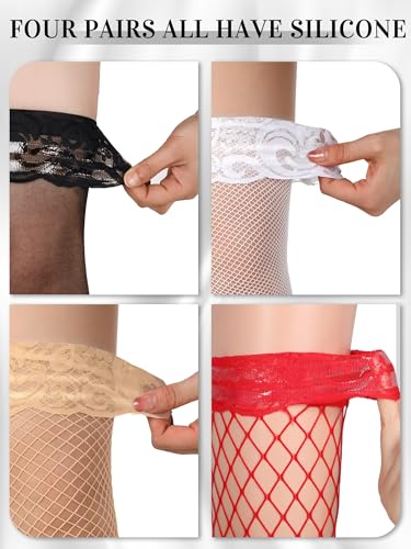 Image of Bencailor 4 /6 /12 Pairs Fishnet Thigh High Stocking for Women Silicone Lace Top Sheer Over Knee Stockings
