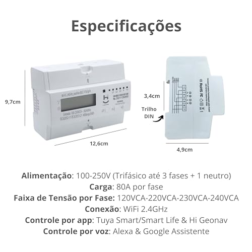 Medidor de Energia, Consumo, Com Rele de 80A, Trifásico, Inteligente Wi-Fi, Alexa, Google