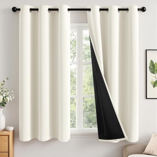Image of MIULEE Beige White 100% Blackout Curtains for Bedroom 40x63 Inch Long | 2 Thick Layers Thermal Insulated Window Curtains with Black Liner, Noise Reducing Grommet, Drapes for Living Room, 2 Panels