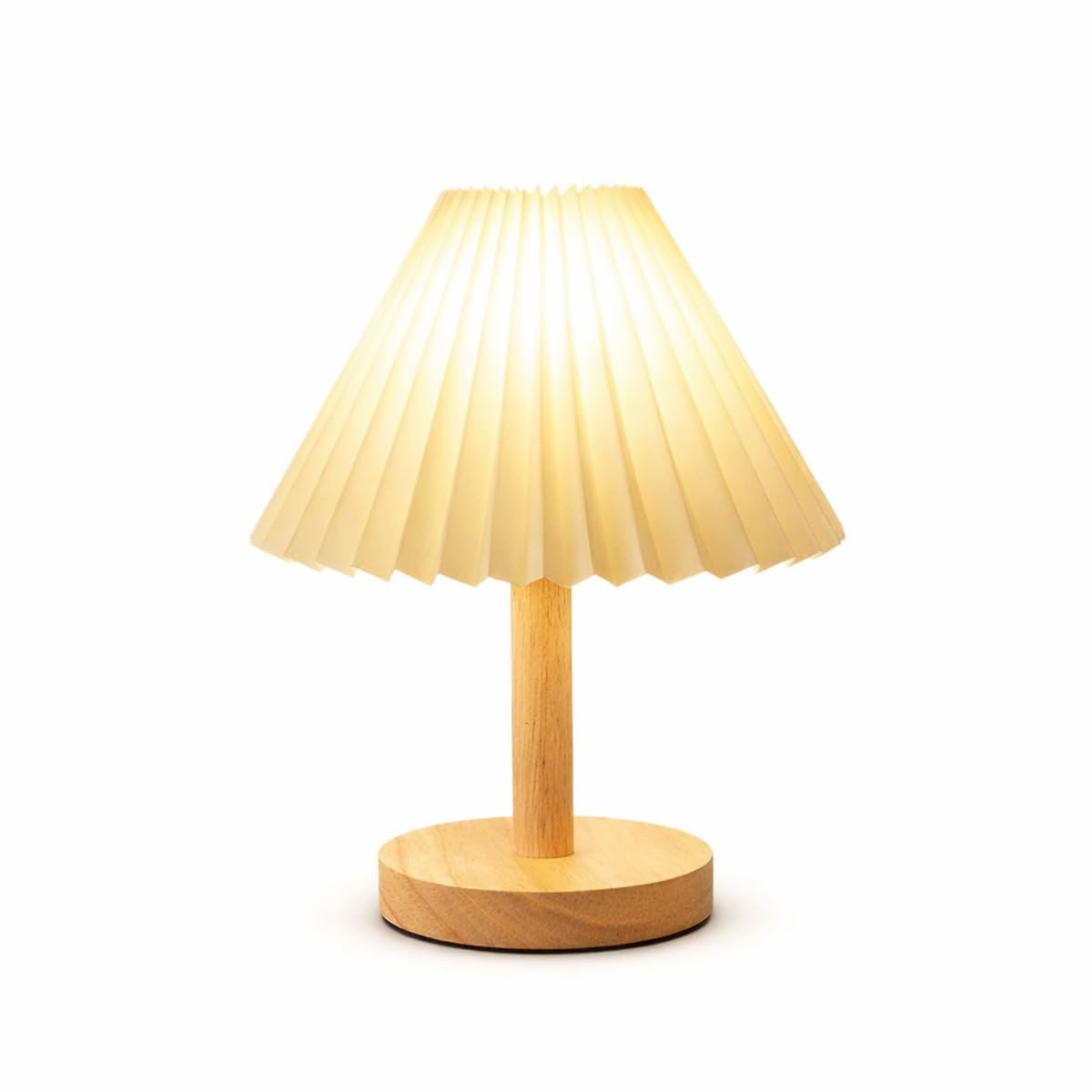 Abajur de Mesa LED USB Base Madeira Cúpula Plissada Bege Elegante