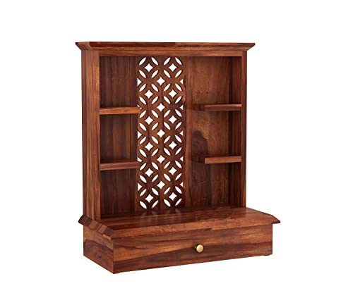 Image of Solid Sheesham Wood Temple for Home & Office /Mandir /God Stand /Pooja Stand /Home Mandap /Mandapam with Cabinet Doors & Multiple Storage /Shelf with Drawers (Honey3, 20x15x28 inch)