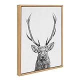 Kate and Laurel Sylvie The Red Deer BW Framed Canvas Wall Art by Simon Te of Tai Prints; 18x24 Natural; Black and White Forest Deer Portrait Art