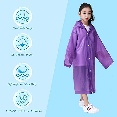 Image of Rain Poncho for Kids Boys Girls - 2 Pack Reusable Waterproof Rain Coat Jacket for Teen Disney, Clear Pink Yellow Blue Purple