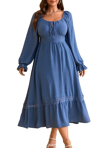RWJ Women's Plus Size Fall Dresses Long Sleeve Square Neck Flowy Lace Trim Flutter Wedding Guest Party Casual Dress