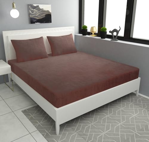 Image of Sands Luxurious Bedsheets for Winter, King Size Fitted Warm Double Bedsheet, 72 x 78 x 10 inches, with 2 Pillow Covers (Brown)