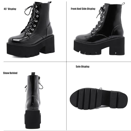 Women'S Leather Round Toe Lace-Up Platform Chunky Heel Ankle Boots Fashion Side Zipper Chunky High Heels Combat Booties Anti-Slip Wedges Motorcycle Boots4