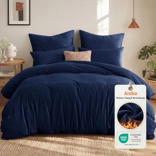 Aisbo Winter Plüsch Bettwäsche 200x200 3teilig Dunkelblau - Flanell Flauschige Warme Bettbezug und 2 Kissenbezüge 80x80 cm, Teddy Fleece Samt Cashmere Touch Winterbettwäsche mit Re
