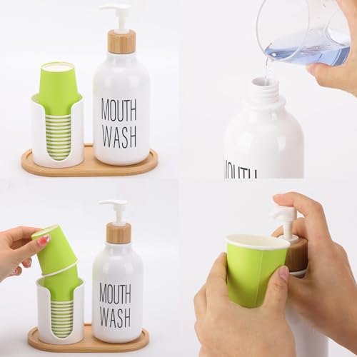 Image of Mouthwash Dispenser with Cup Holder, Plastic White Mouth Wash Pump Bottle with Tray for Bathroom Organizers, 17oz Refillable Clear Mouthwash Container