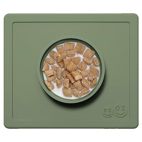 Image of ezpz Happy Bowl - 100% Silicone Suction Bowl with Built-in Placemat for Toddlers + Preschoolers - Dishwasher Safe (Olive)