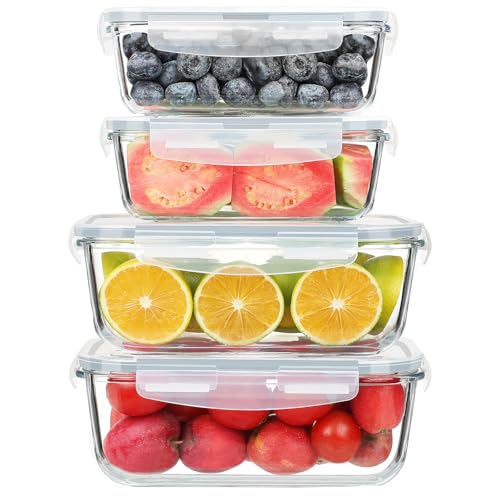 KOMUEE 4 Pack 63oz 27oz Large Glass Food Storage Containers Set with Airtight Lids, BPA-Free, Meal Prep Containers for Storing, Freezer, Microwave and Oven Safe