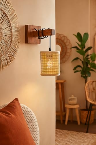 Image of AKWAY Rattan wall Lamps for Living Room | Bamboo wall Lights for Bedroom | Cane wall scones for Home Decoration (Bulb Not Included) (Rattan Square Webbing Hang)