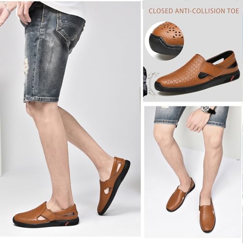 Men's Genuine Leather Hollow Flat Loafers Closed Round Toe Slip On Casual Sandals Summer Outdoor Breathable Anti-Slip Walking Shoes2