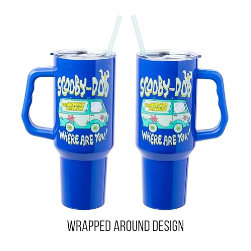 Image of Silver Buffalo Scooby-Doo inchWhere Are You! inch Stainless Steel Tumbler with Handle Featuring The Mystery Machine, Fits in Standard Cup Holder, 40 Ounces (Pack of 12)