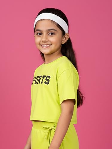 Image of KiddoPanti Girls 100% Cotton Solid Drop Shoulder Half Sleeve Round Neck Crop Tee
