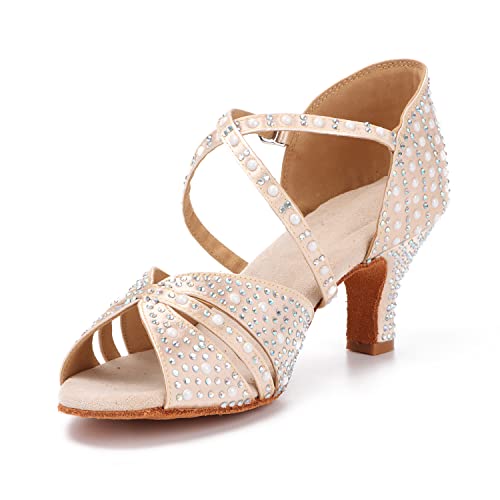 Syrads Zapatos Profesionales de Baile Latino para Mujer Zapatos de Baile de Salsa Bachata con Punta Abierta Diamantes de imitación Brillantes Tacones de Baile Latino,Color Claro 6cm Heel,37 EU