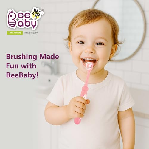 Image of BeeBaby Brush Buddy Toothbrush for Infants 6 Months +. Small Head 10 x Super Soft Tapered Bristles ideal for Milk Teeth, 100% BPA Free. Blue & Pink. Pack of 2