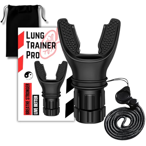 Lung Trainer Pro Resistance Breathing Exerciser Adjustable Respiratory Training Device for Athletes & Fitness Portable & Easy to Clean with Neck Strap & Carry Pouch - Carbon Black