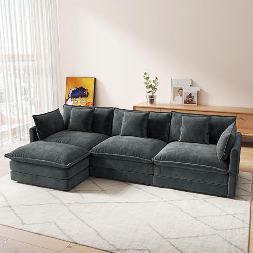 111.51' Modular Sectional Sofa, Comfy Cloud Couch with Movable Ottoman Deep Seat Chenille L Shaped Modular Sofa, Sectional Couches for Living Room, Bedroom and Apartment.Grey