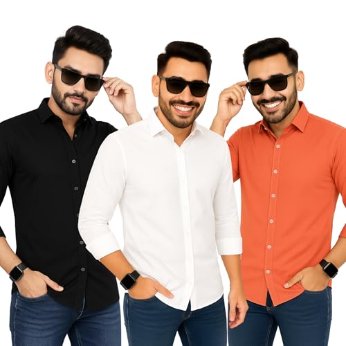 Image of Men's Polycotton Shirt Combo Pack of 3 | Regular Fit Casual & Formal Wear | Wrinkle Resistant | Soft & Breathable Shirt for Men