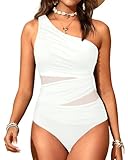 Aqua Eve Women Mesh One Piece Swimsuit - Tummy Control One Shoulder Bathing Suit Cut Out Swimwear 2025 White Medium